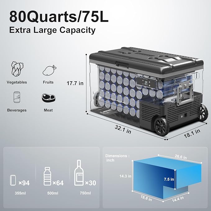 BODEGA BODEGACOOLER 12 Volt Car Refrigerator,80 Quarts Portable Fridge,75L RV Freezer Single Zone,with APP Control,-4℉-68℉ Car Cooler,12/24V DC & 100-240V AC for Travel, Camping,Outdoor,Truck,SUV