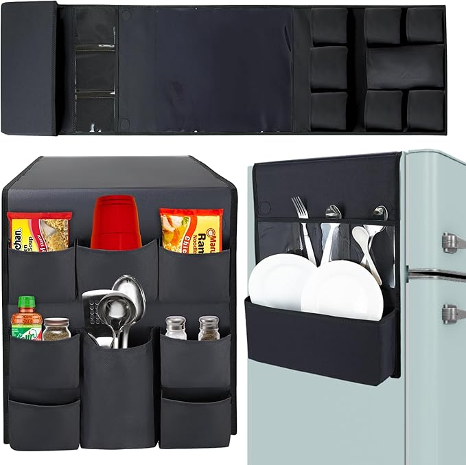 Mini Fridge Organizer - Over Fridge Organizer with Large Pockets and Dividers for Utensils, Pantry Items, Paper Towel, Snacks - College Essentials Dorm - Over Fridge Storage (Black)…