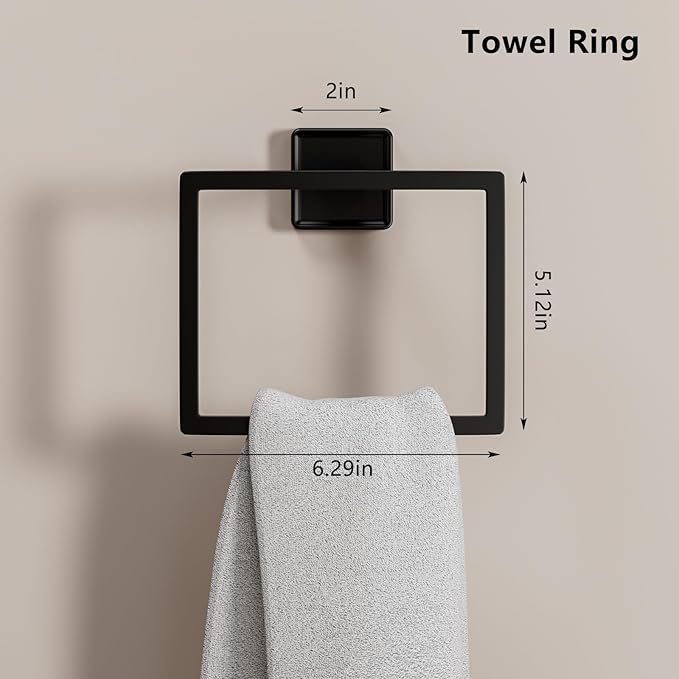 Towel bar Set, 5-Piece Bathroom Hardware Set, 5-Piece Bathroom Accessories Set, Stainless Steel Towel bar Set, 16-inch Towel Rack Set, Matte Black, Wall-Mounted Bathroom Towel Rack