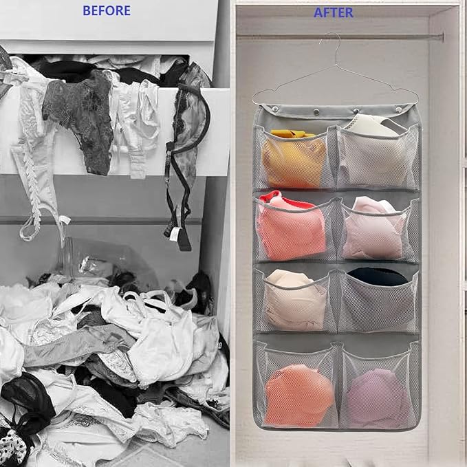 Dual Sided Hanging Closet Organizer Durable Socks Stocking Clothes Bra Accessories Storage Bag With 16 Large Pockets (Nylon Mesh Pockets)