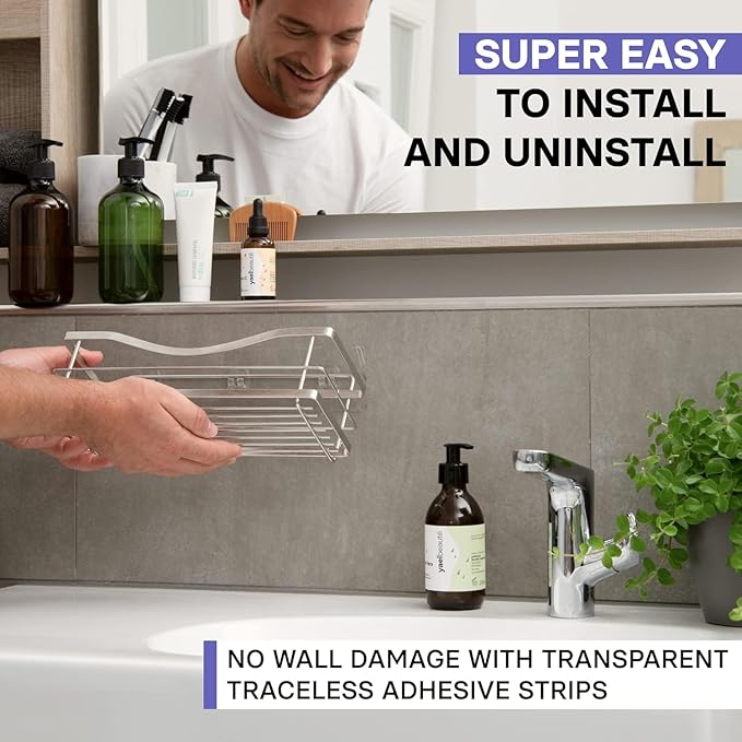Luxury Multipurpose Storage Caddy, 12.75W x 5D x 5H inches, 4 Hooks, Peel and Stick, Rustproof Stainless Steel, Shower Organizer, Under-Sink, Spice Rack Wall Shelf (16)