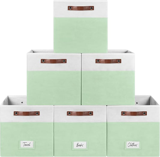6-Pack Storage Cubes with Handles & Label Holders Basket, Closet Cube Home Organizer Bins(White/Green, 13 x 13 x 13 inch)