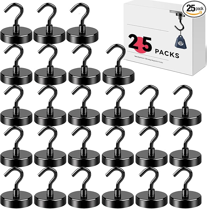 LOVIMAG Magnetic Hooks for Cruise Cabins, 120lbs Black Magnetic Hooks for Classroom, Strong Magnets with Hooks for Hanging, Neodymium Magnet Hooks for Fridge, Ceiling, Locker, Camper, Travel-25 Pcs