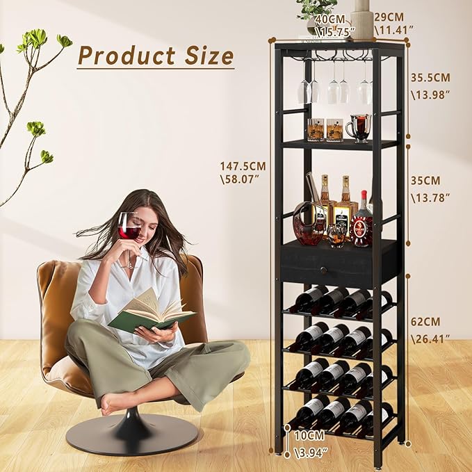 IBUYKE Wine Rack Freestanding Floor, Bar Cabinet for Liquor and Glasses,Coffee Bar Cabinet 4-Tier Wood bar Cabinet,Glass Holder and Storage Drawer for Home Bar Kitchen Living Room,Black UTMJ905B