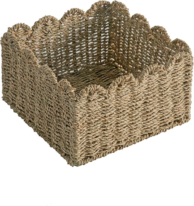 Scalloped Basket, Wicker Storage Baskets, Hand Woven Baskets for Shelves,Natural Baskets for Organizing (Seagrass(S-9.5" L x 9.5" W x 5.5" H))