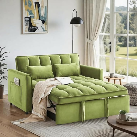 3 in 1 Convertible Sofa Bed, Love Seat Sleeper Bed with Side Pockets, Velvet Fabric Pull Out Couch with Adjustable Backrest for Living Room, Bedroom, Apartment, Olive Green