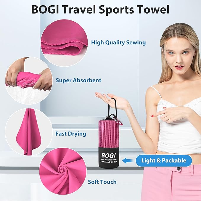 Microfiber Travel Sports Towel-Quick Dry Towel, Soft Lightweight Microfiber Camping Towel Absorbent Compact Travel Towel for Camping Gym Yoga Swimming Backpacking (XL:72''x32''+16''x16''-Hpink)