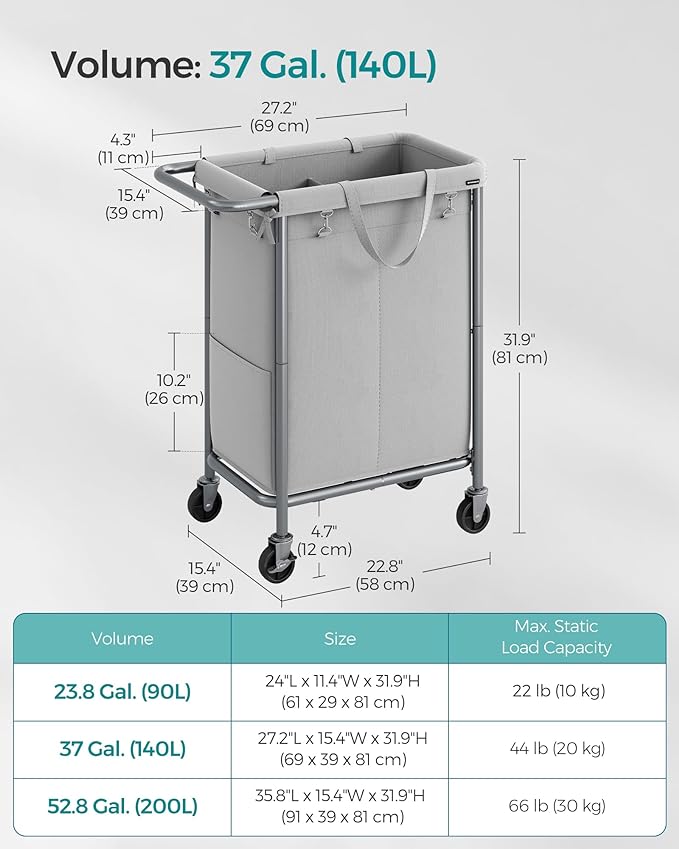 SONGMICS Laundry Basket with Wheels, Rolling Laundry Hamper, 23.8 Gallons (90 L), Removable Liner, Steel Frame with Handle, 24 x 11.4 x 31.9 Inches, Dove Gray URLS003G01