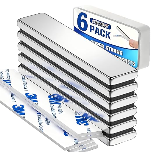 Grtard 6 Pack Super Strong Neodymium Magnets, Powerful Rare Earth Neodymium Bar Magnets, Heavy Duty Magnet Bar with Double-Sided Adhesive for Garage, Kitchen, Science, Craft, Office, DIY - 60x10x3mm
