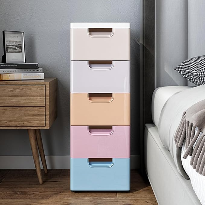 5 Drawer Stackable Storage Tower,Plastic Drawers Dresser,Narrow Rolling Storage Cabinet for Livingroom Bedroom,Colored