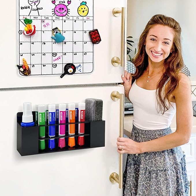 Acrylic Magnetic Dry Erase Marker Holder, 10 Slots Black Magnetic Marker Pen Holder, Magnet Storage for Whiteboard Office, School, Home, Pen,Eraser,Cleaner Not Included