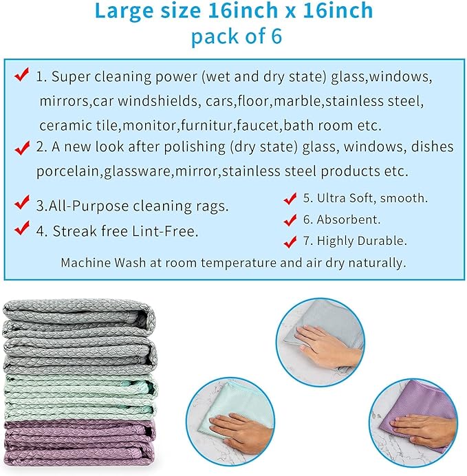 Microfiber Glass Cleaning Cloths | Streak Free Windows Mirrors & Cars Windshields Cleaning Towel | Glass Polishing Cleaning Cloth | All-Purpose Dust Dirt Cleaning Rags | Lint Free Pack of 18