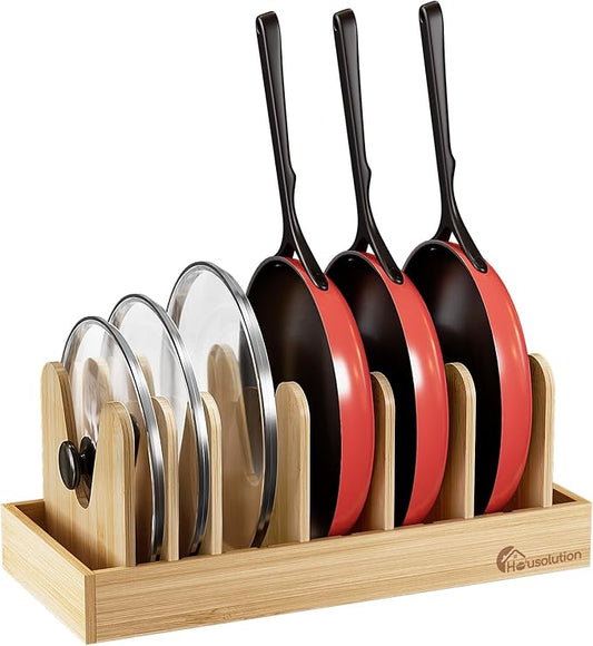 Housolution Bamboo Pot and Pan Organizer for Cabinet, Pot Lid Organizer with 7 Adjustable Dividers, Pan Holder Storage Rack for Cutting Board, Baking Tray and Cookie Sheet