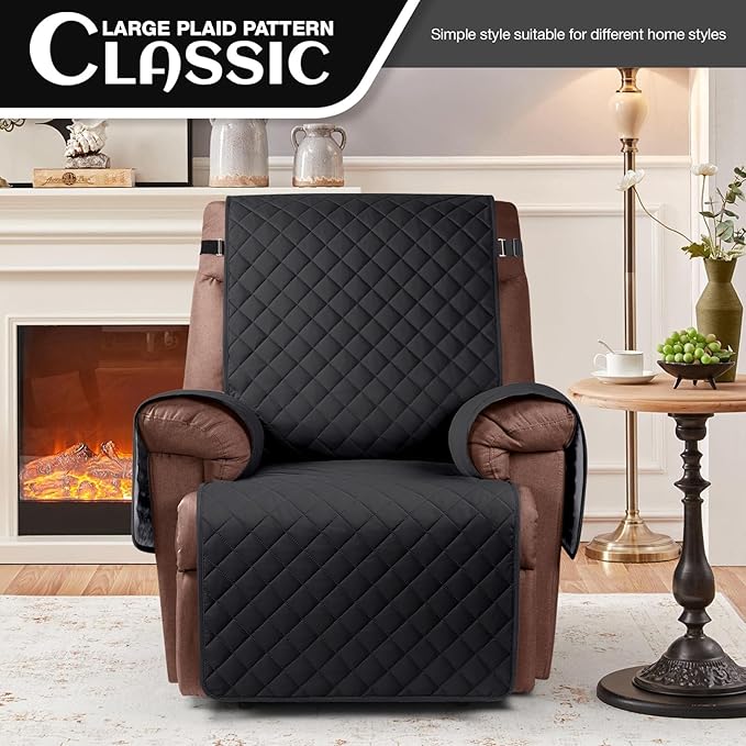 KinCam 100% Waterproof Recliner Chair Cover, Reclining Couch Covers for Pets, Dogs, Recliner Couch Slipcover Furniture Protector with Elastic Straps for Kids(25", Black)