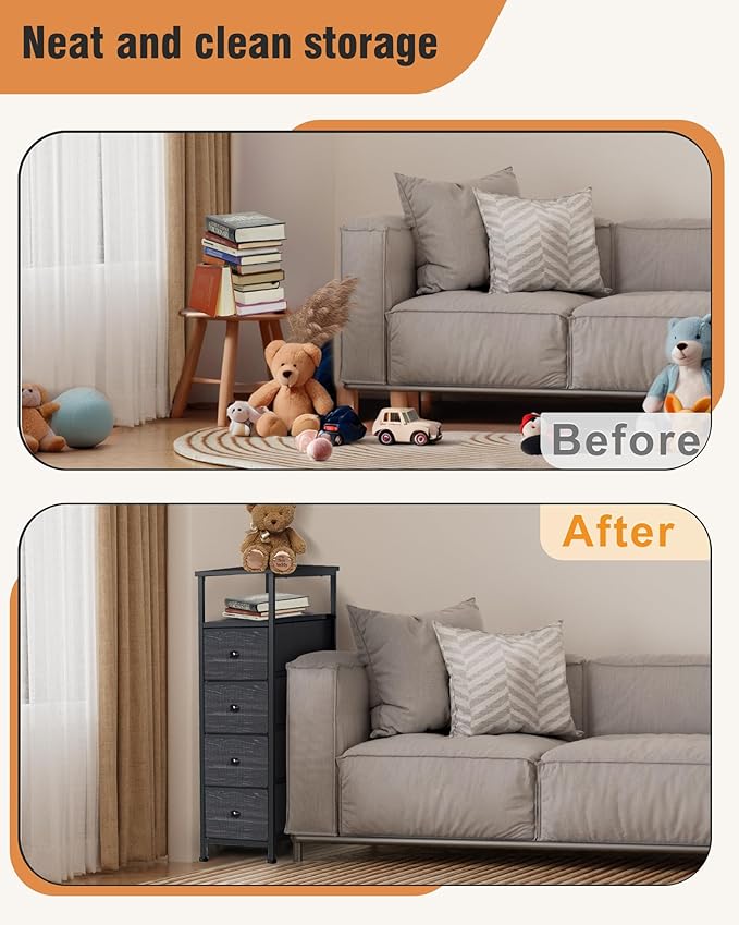 Narrow Dresser for Bedroom, Fabric Tall Dresser & Chests of Drawers with 4 Drawers, Vertical Organizer Storage Tower Unit for Bedroom, Hallway, Entryway Black Wood Grain