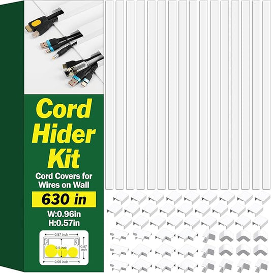 AZEN Cord Hider Kit, 630in Cord Covers for Wires on Wall, Paintable Wire Covers for Cords on Wall, Self-Adhesive Cable Hider Cord Organizer, Wire Hiders, 40X L15.75in X W0.96in x H0.57in