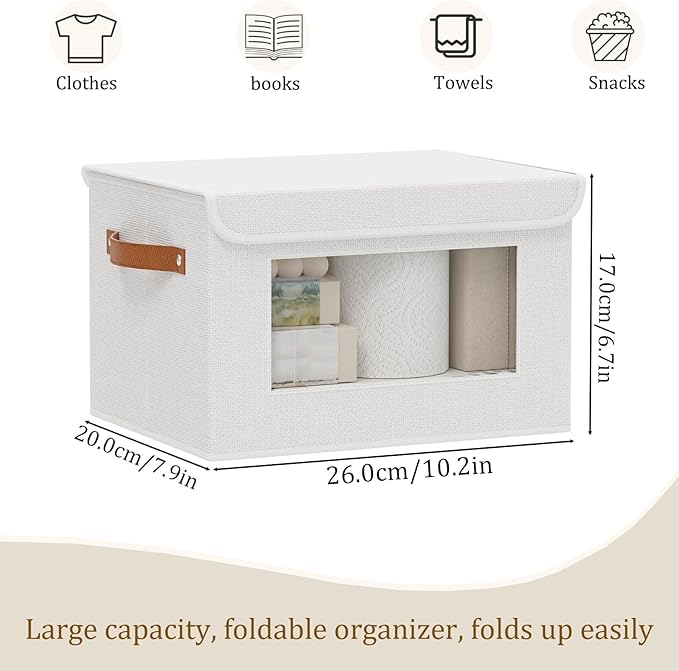Fabric Storage Basket with Lid, 10.2 x 7.8 x 6.7 Inch Storage Box for Shelves with Handles, Decorative Linen Closet Organizer, White, 1-Pack