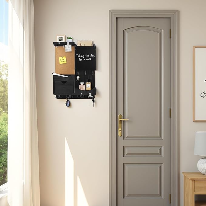 Key Holder Wall Mount, Mail Organizer Key Holder for Wall with Shelf, Drawer, Chalkboard, Corkboard, Home Decor Mounted for Room Entryway (Black)