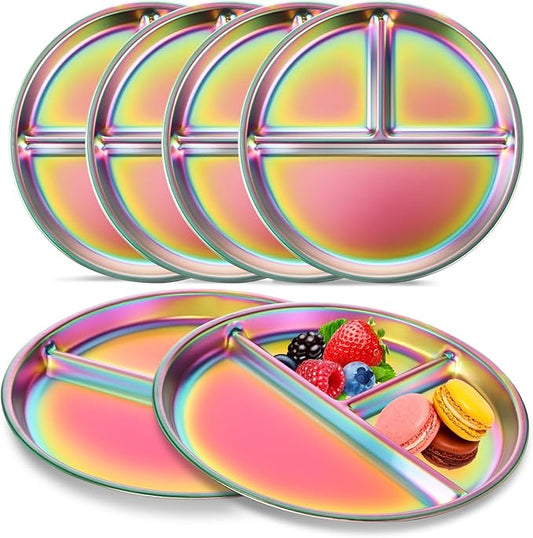 9" Stainless Steel Toddler Plates Set of 6, Divided Plate for Kids & Baby, Non Toxic Unbreakable Dishes Dinnerware Adults Portion Control Snack Container, Colorful Meal Time Chums