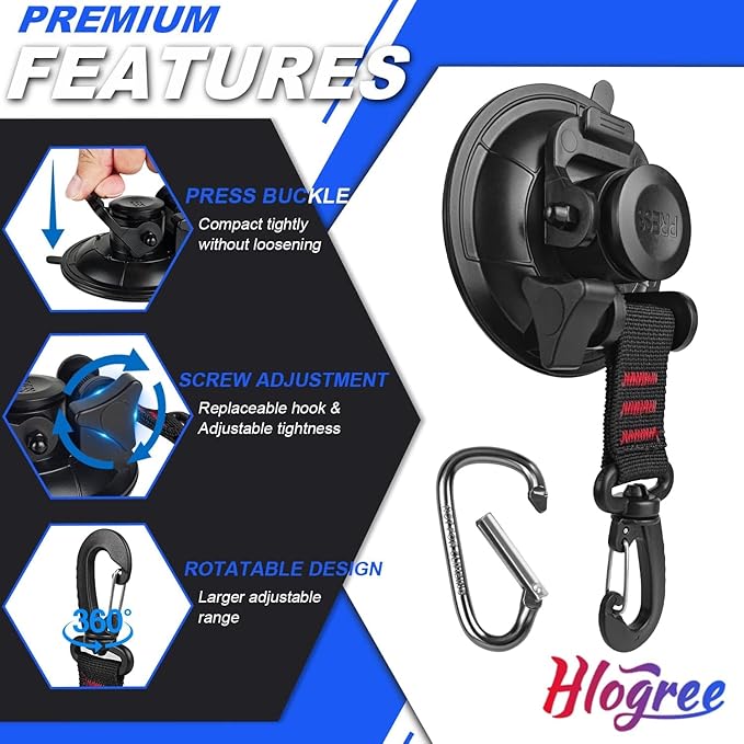 Hlogree 6PCS Heavy Duty Suction Cups Anchor with Hooks,Vacuum Suction Cup Camping Tie Downs with 6PCS Aluminum Buckle,Outdoor Strong Suction Cup Wall Anchor for Camping Tarp Accessory,Car Side Awning