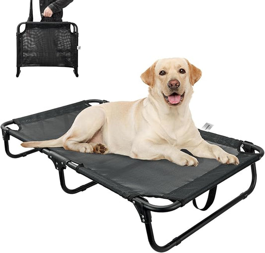 Foldable Elevated Dog Bed for Large Pet, No-Assembly-Need Folding Raised Dog Bed, Waterproof Outdoor Dogs Cot Cooling Pet Hammock Beds with Breathable Mesh, Chew-Proof, Black