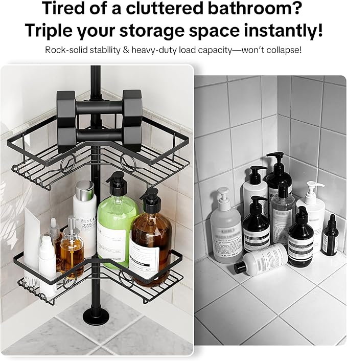 Corner Shower Caddy Tension Pole, 4 Tier Rustproof Shower Tension Rod Organizer with Soap Holder & Hooks, Adjustable 30-121 Inch Bathroom Shelf for Renters - Family Stand Storage Rack, Black