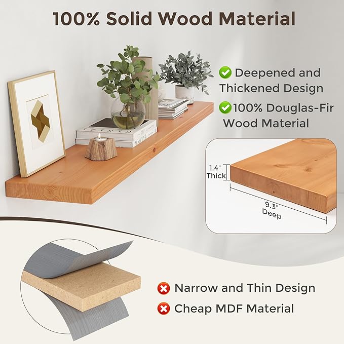55 Inch Floating Shelves for Wall, 9.3" Deep USA-Sourced Solid Wood Wall Shelves with Heavy Duty Invisible Bracket, Nursery Storage Display Shelf for Living Room, Kitchem, Bedroom, Set of 1, Natural