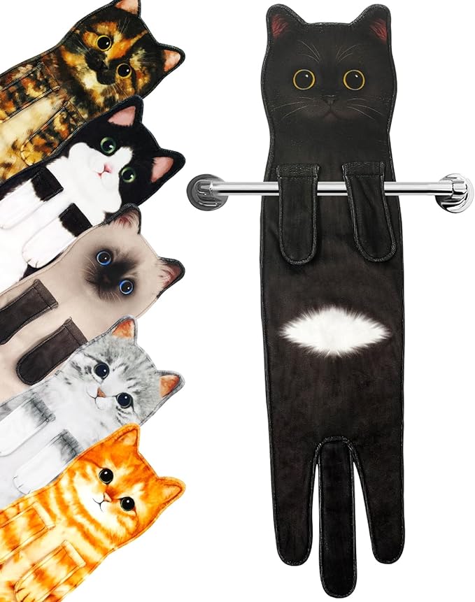 PAT JUUMG Black Cat Hand Towels for Bathroom Kitchen, Cute Home Decorative Decor Hanging Face Towels, Super Absorbent Soft, Cat Lovers Gifts for Housewarming Christmas Mothers Day Birthday
