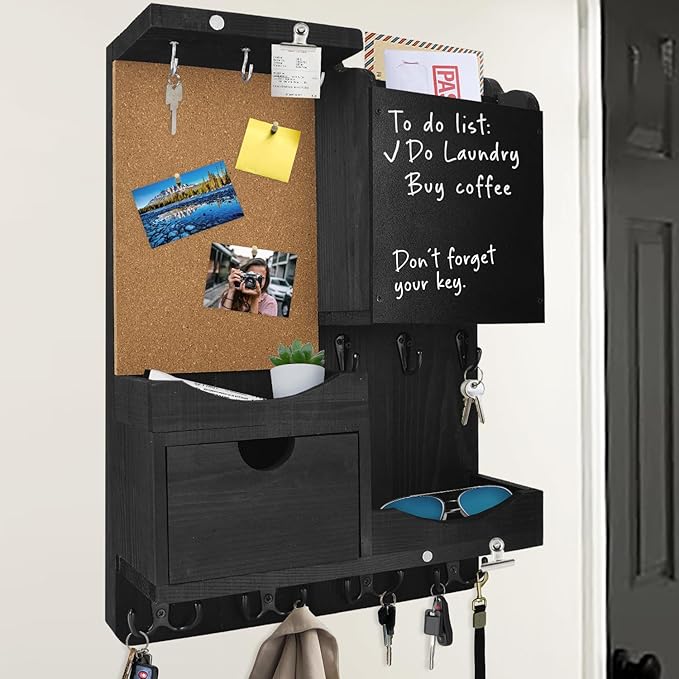 Key Holder Wall Mount, Mail Organizer Key Holder for Wall with Shelf, Drawer, Chalkboard, Corkboard, Home Decor Mounted for Room Entryway (Black)