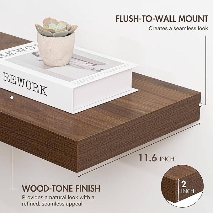 55 Inch Floating Shelves, 12" Deep Floating Shelf Wall Mounted, 55" Wall Shelves, Rustic Deep Bookshelf, Extra Deeper & Thicker Display Shelves for Bedroom, Living Room, Walnut, Set of 2