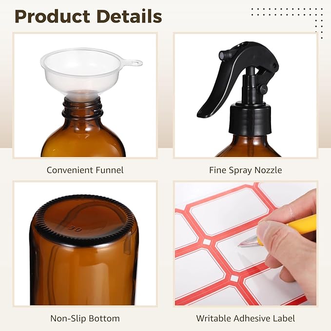24 PCS 8 oz Glass Spray Bottles - Brown Glass Sprayer with Funnels and Labels, Refillable Fine Mist Trigger Bottles for Essential Oils, Cleaning Solutions, Haircare, Room Fresheners, DIY Cosmetics