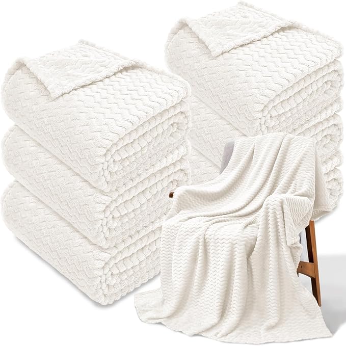 6 Pack Fuzzy Throw Blanket, 50 * 60 Inch 3D Ribbed Jacquard Fleece Blanket, Flanne Ripple Pattern Throw Blankets for Wedding, Soft Room, Gift(White)