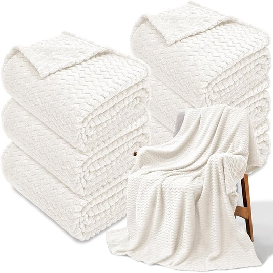 6 Pack Fuzzy Throw Blanket, 50 * 60 Inch 3D Ribbed Jacquard Fleece Blanket, Flanne Ripple Pattern Throw Blankets for Wedding, Soft Room, Gift(White)