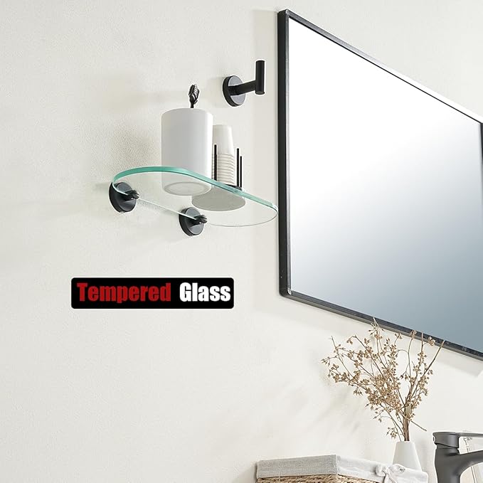 JQK Bathroom Glass Shelf Black, Tempered Glass Shower Storage 12 by 5 inches, 304 Stainless Steel Matte Black Wall Mount 2 Pack, TGS121L12-PB-P2