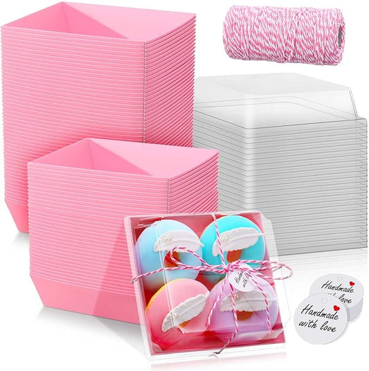 Outus 100 Pack Charcuterie Boxes with Clear Lids, 5.7 x 5.1 '', Mother 's Day Back to School Paper Food Containers Cake Take out Bakery Boxes with Gift Tags Rope for Desserts(Pink,Classic)