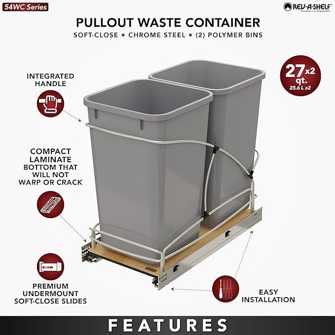 Rev-A-Shelf Steel Bottom Mount Double 27 Quart 6.75 Gallon Waste Bin Trash Container for Under Kitchen Cabinet with Soft Close, Gray, 54WC-1527SC-17-1