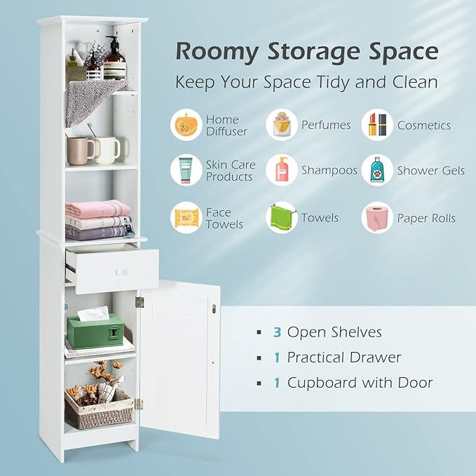 LOKO Bathroom Tall Cabinet, Modern Storage Cabinet with 2 Adjustable Shelves, Bathroom Linen Tower with 3 Open Shelves and 1 Drawer, 13.5 x 12 x 64.5, White