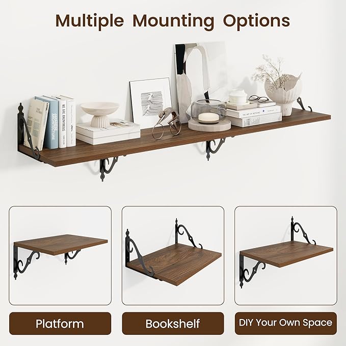RICHFOCUS 12 Inch Deep Floating Shelves for Wall, 16" W x 12" D Wood Wall Shelves Set of 2, Wide Floating Shelves for Living Room, Bedroom, Kitchen, Bathroom and Decor Storage, Walnut