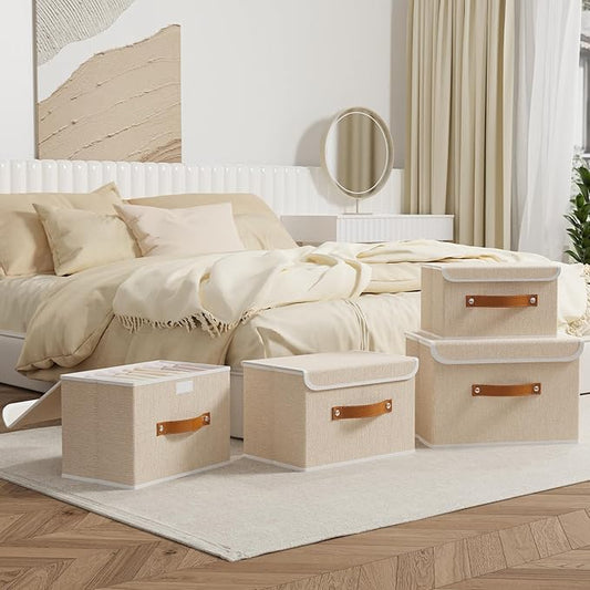 OUTBROS Collapsible Storage Cubes with Lid, Linen Fabric Wardrobe Baskets, Large Box For Towels, Clothes, 15 x 9.8 x 9.8 inch, Beige, 3-Pack