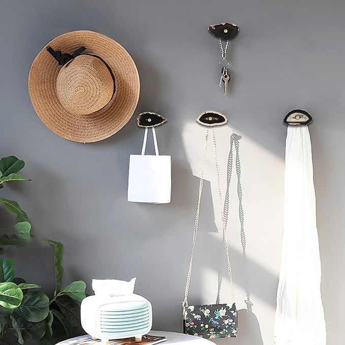 Cozy Tower 4 Pcs Unique Agate Black Coat Hooks Wall Mounted Decorative Brass Single Hook for Hanging, Hat Bag Curtain Tieback