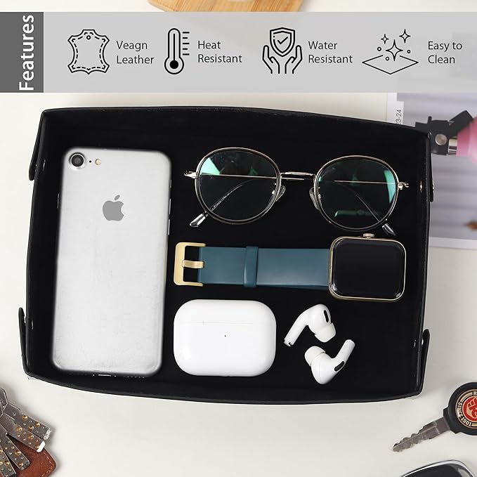 Valet Vegan Leather Tray Desk Tray Organiser Mobile Organiser Organiser for Office, Home, Living Room Button Opening Water Resistent-Black
