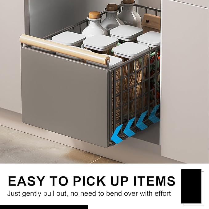 Pull Out Cabinet Sliding Basket, Under Sink Mesh Drawer Organizer with Handle, Metal Kitchen Bathroom Organization Shelf, Countertop Pantry Storage Shelves with Adhesive Nano Tape (Gray, S)