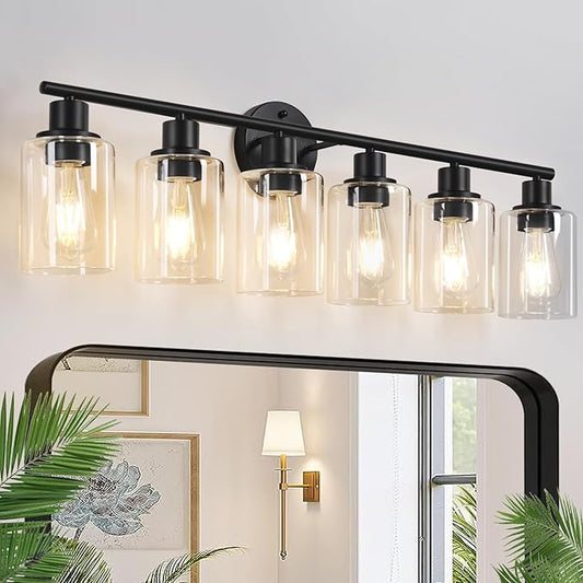 6-Light Bathroom Light Fixtures, Black Modern Vanity Lights with Clear Glass Shade, Bathroom Wall Lamp for Mirror Kitchen Living Room Hallway Cabinet Porch