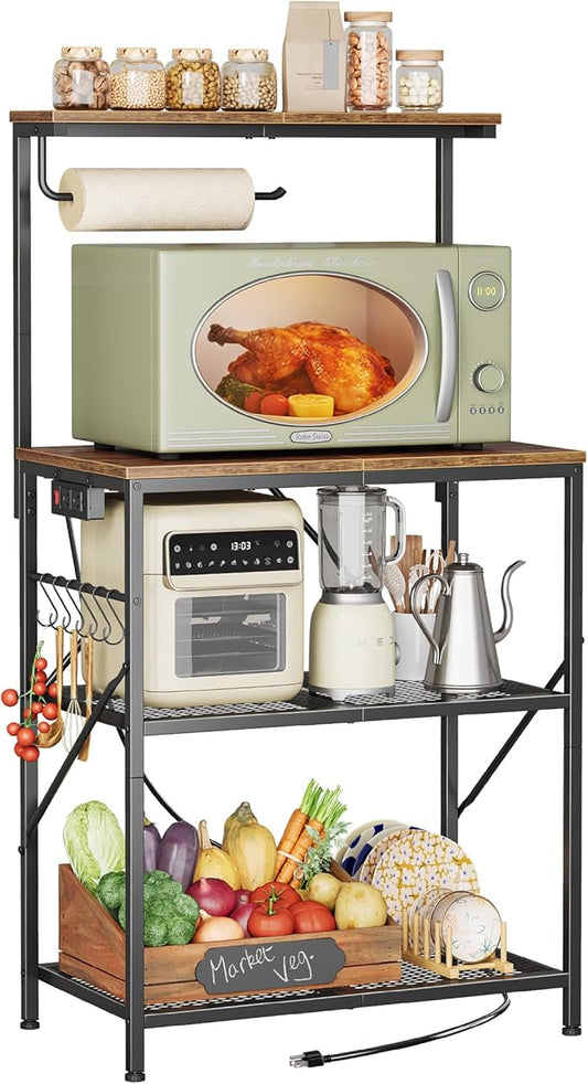 Huuger 4-Tier Bakers Rack with Reversible Power Outlet, 23.6 Inch Microwave Stand with Paper Towel Holder, Kitchen Bar, Larger Storage with Top Shelf, 6 S Hooks, Rustic Brown