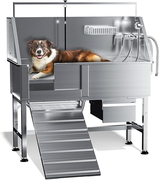 Dog Washing Station for Home,Professional 46" Stainless Steel Dog Bathing Station Height Adjustable Dog Wash Station Dog Grooming Tub Stair, Drawer, Floor Grate & Fauct (Left Ramp)