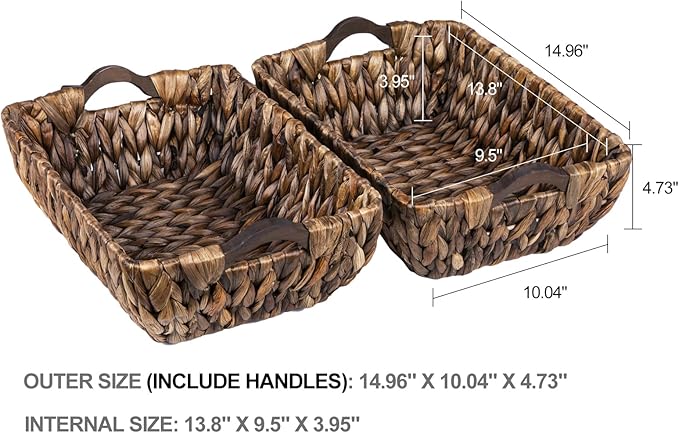 FairyHaus Wicker Storage Basket with Wood Handles, 2Pack Brown Wicker Basket for Organizing, Hand Woven Dark Brown Water Hyacinth Baskets for Storage 14.96x10.04x4.73"