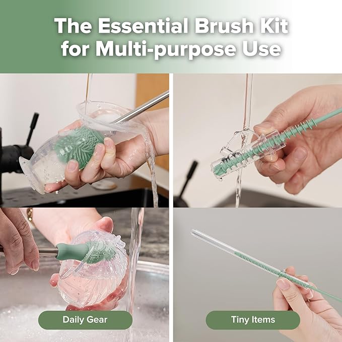 Silicone Cleaning Brush Kit - Baby Bottle Brush Cleaner for Breast Pump,Nipple,Breast Milk Storage Bag,Reusable Straw,Sippy Cup - Food Grade Silicone Bristles, Portable - 3 Pcs - Pea Green