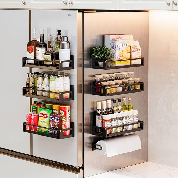 7 Pack Magnetic Spice Storage Rack Organizer for Refrigerator and Oven, Black Fridge Organizers and Storage, Paper towel holder, Punch and no-punch dual purpose
