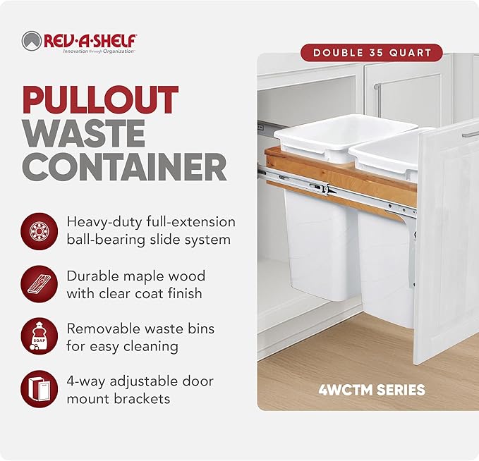 Rev-A-Shelf Top Mount Double Pullout Under Cabinet 35 Quart Kitchen Trash Cans with 150 Pound Rated Full-Extension Slides, 4WCTM-18DM2
