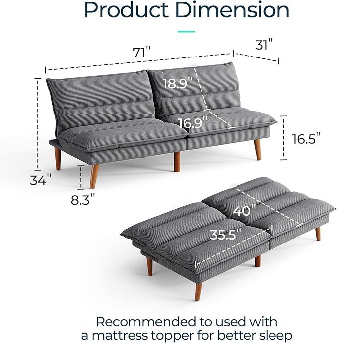 LINSY HOME Futon Sofa Bed - Convertible Corduroy Futon Couch Bed with Adjustable Backrest, Modern Small Loveseat Sleeper Sofa for Small Spaces, Living Room, Apartment or Office (Grey)